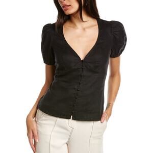 BODEN Women’s Black Puff Sleeve Button Front 100% Linen Blouse